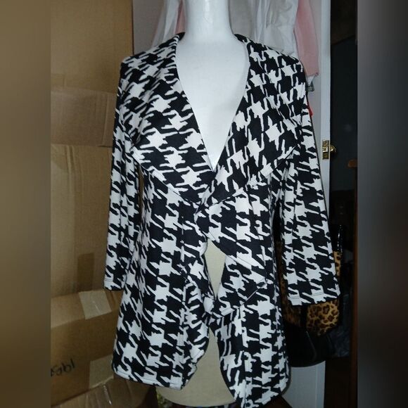 Calvin Klein Waterfall Draped Herringbone Print Open Front Blazer Size 4 - Picture 2 of 6